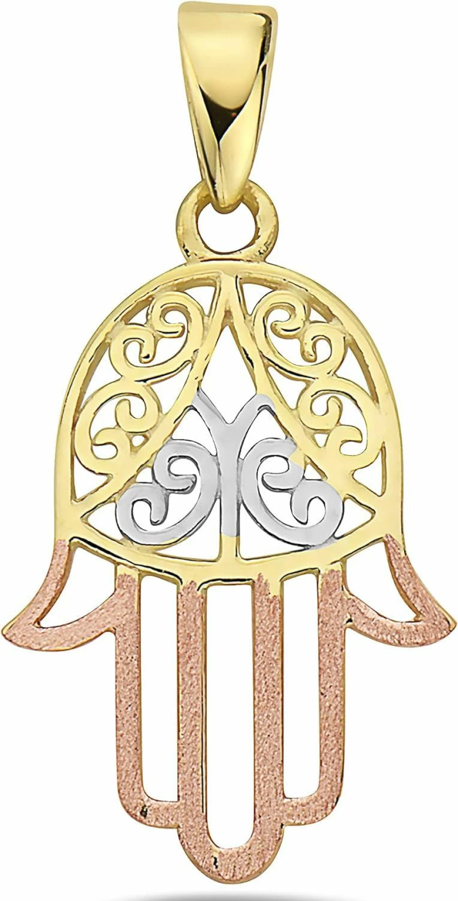 "PORI JEWELERS 14K Tri-Tone Gold Hamsa Hand Pendant - Rose, White & Yellow Gold Elegant Jewelry Gift for Women"