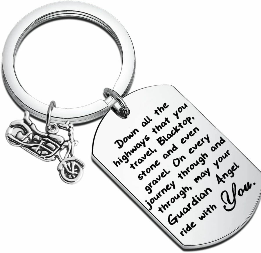 FUSTMW Motorcycle Keychain - Ride Safe Guardian Angel Biker Gift for New Drivers