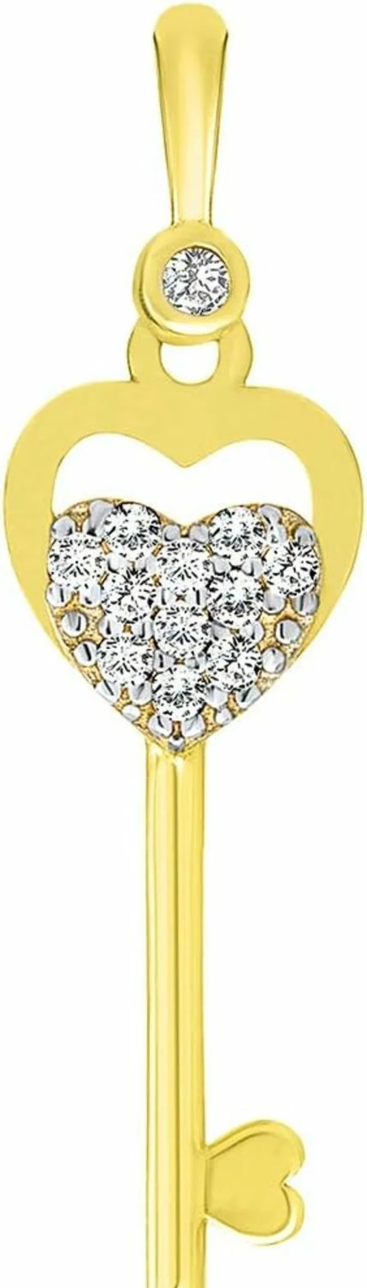 14K Yellow Gold Double Heart Key Pendant with Cubic Zirconia - Keys by Jewelry America