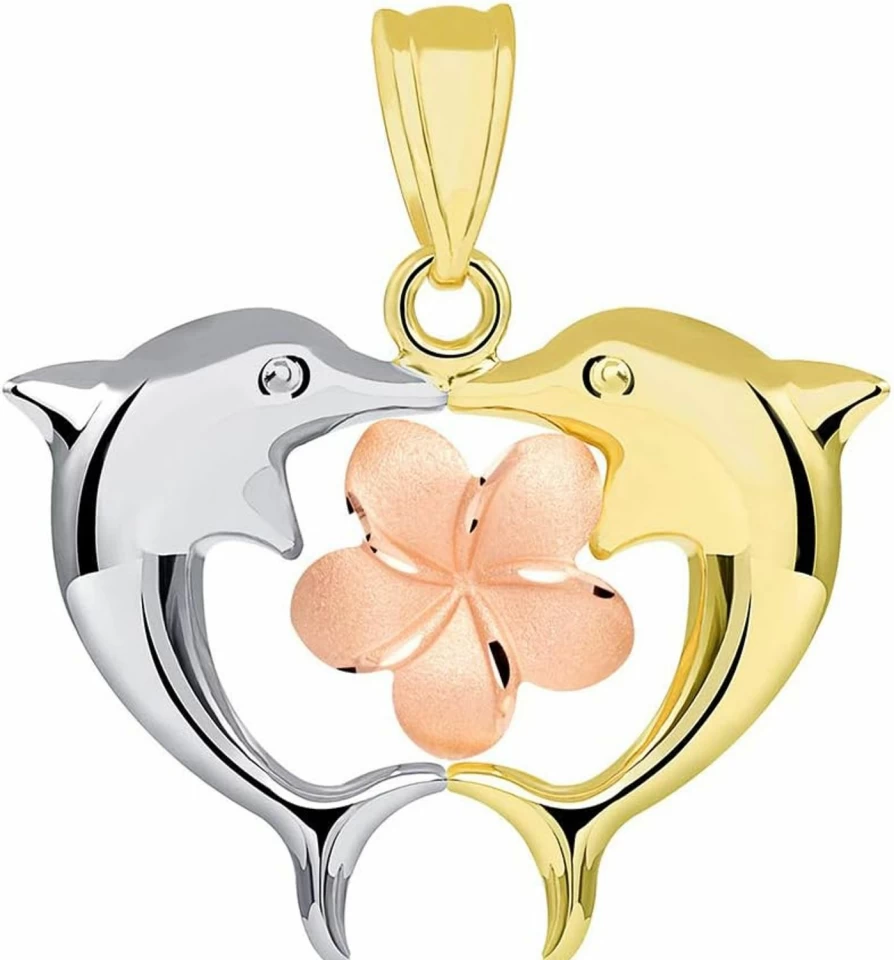 14K Tri-Color Gold Dolphin and Plumeria Flower Pendant - Jewelry America Hawaiian Inspired Necklace