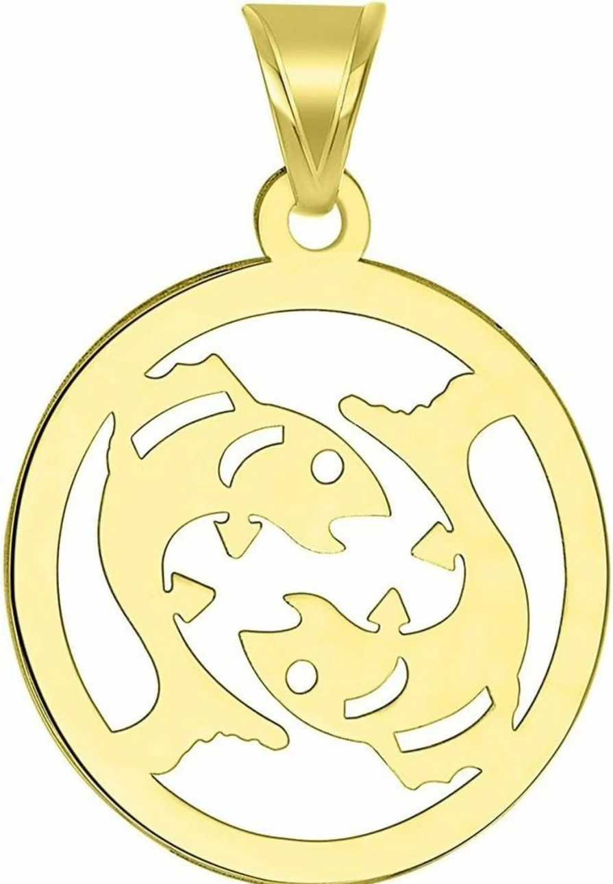 14K Yellow Gold Pisces Zodiac Pendant - Dainty Round Fish Symbol Charm - Jewelry America