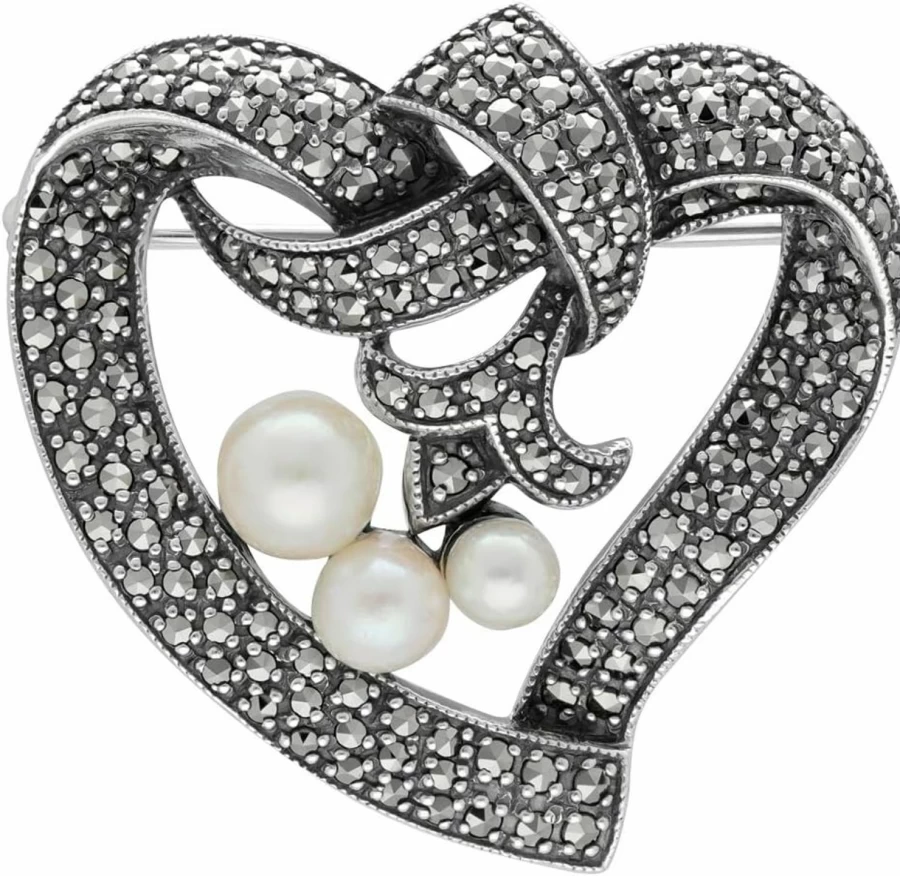 Gemondo 925 Sterling Silver Heart Pendant with Cultured Pearl & Marcasite | Elegant Jewelry Gift