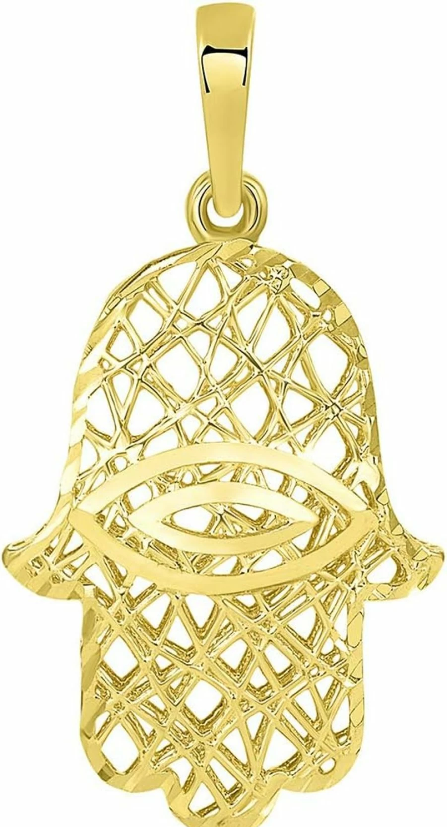 14K Yellow Gold Hamsa Hand Pendant with Evil Eye - Religious by Jewelry America 3D Filigree Charm