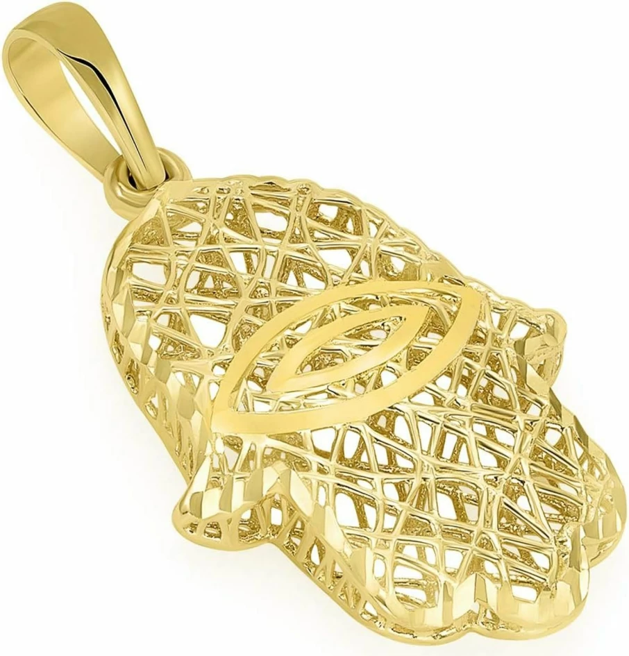 14K Yellow Gold Hamsa Hand Pendant with Evil Eye - Religious by Jewelry America 3D Filigree Charm