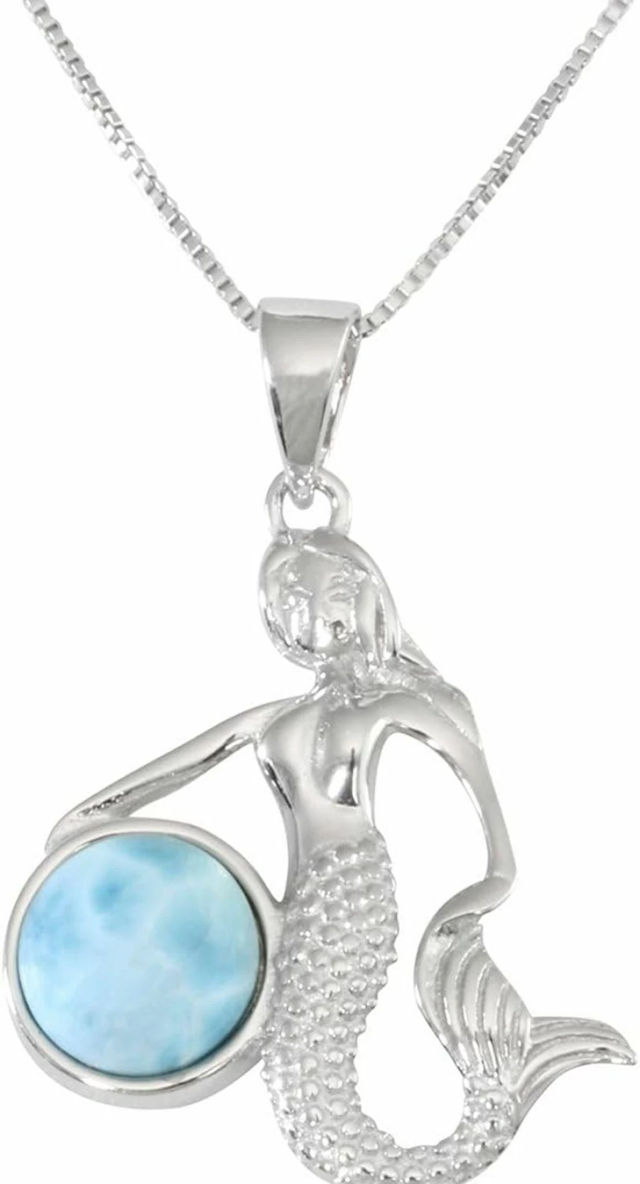 Tropical USA Sterling Silver Larimar Mermaid Pendant Necklace with 18-Inch Box Chain, Natural Gemstone Jewelry
