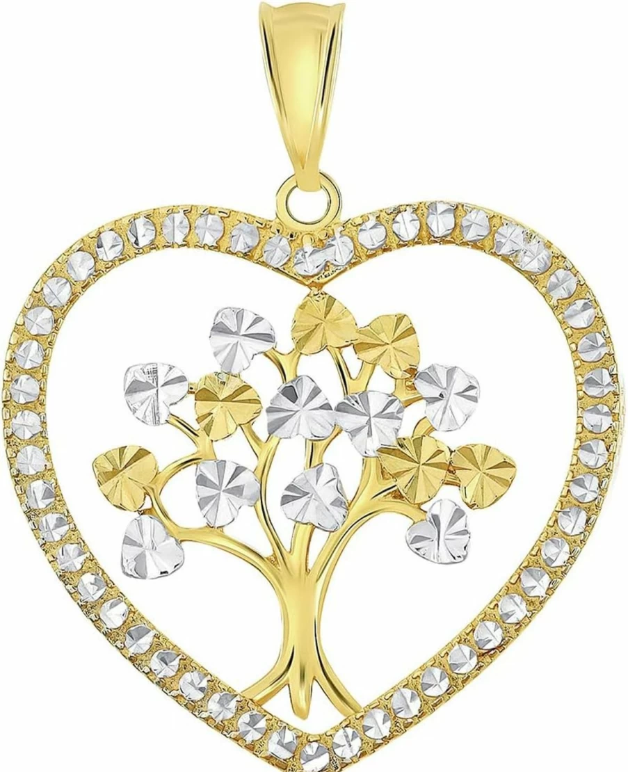 14K Yellow Gold Tree of Life Heart Pendant - Two Tone Textured Design | Jewelry America
