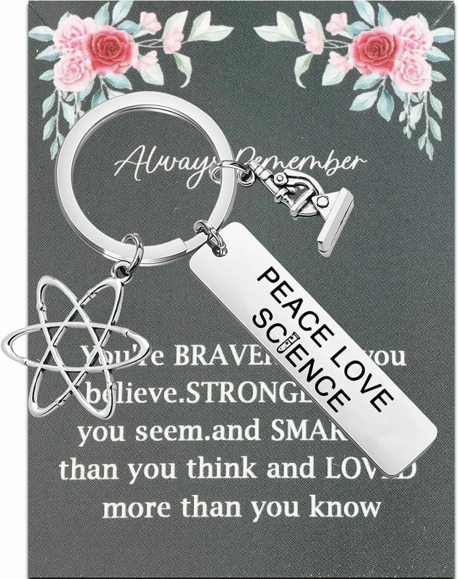 WSNANG Silver Science Keychain - Gift for Teachers, Students, Science Lovers, Graduation, Microscope Charm Keychain for Peace & Love
