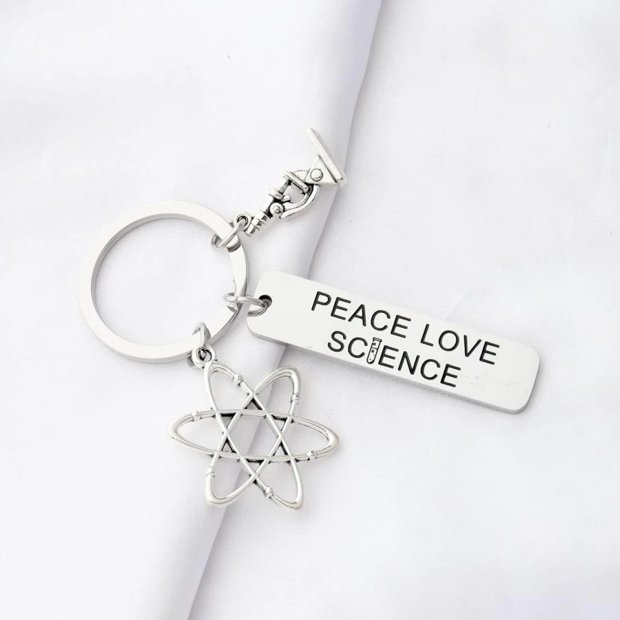 WSNANG Silver Science Keychain - Gift for Teachers, Students, Science Lovers, Graduation, Microscope Charm Keychain for Peace & Love