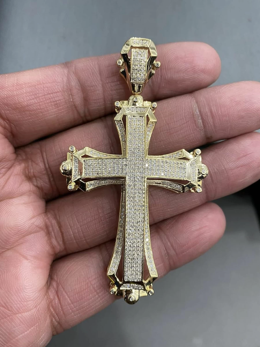 TGDJ 10K Yellow Gold Diamond Cross Pendant Necklace - 1.20 CTTW Sparkle-Cut Solid Cross (73x40mm, G-H Color, I1-I2 Clarity)