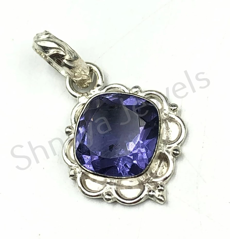 SHNAYA JEWELS Natural Iolite Gemstone 925 Sterling Silver Pendant - Handmade Unisex Vintage Jewelry for Engagement, Mother's Day, Anniversary, Birthday Gift