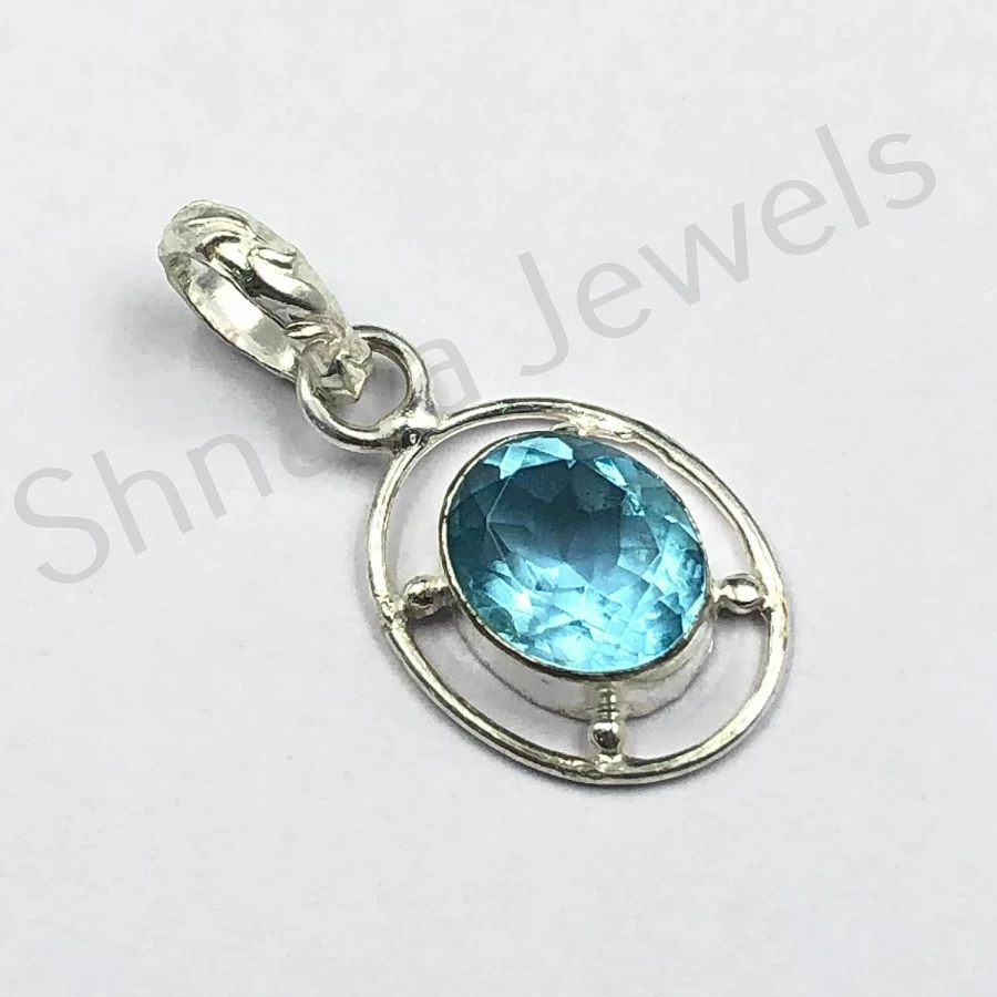 SHNAYA JEWELS 925 Sterling Silver Natural Sky Blue Topaz Pendant - Handmade Vintage Unisex Jewelry for Engagement, Anniversary, Mother’s Day, Birthday Gift