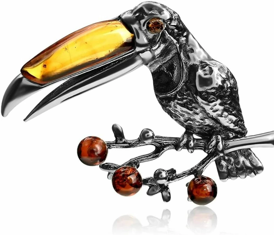"Ian and Valeri Co. Sterling Silver Toucan Bird Pendant with Multicolor Amber Gemstone"