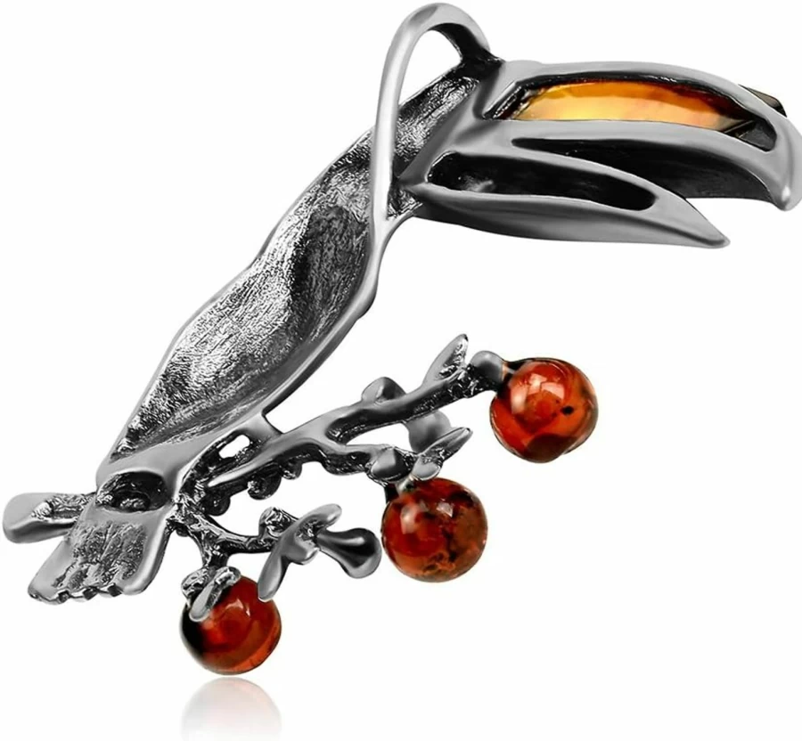 "Ian and Valeri Co. Sterling Silver Toucan Bird Pendant with Multicolor Amber Gemstone"
