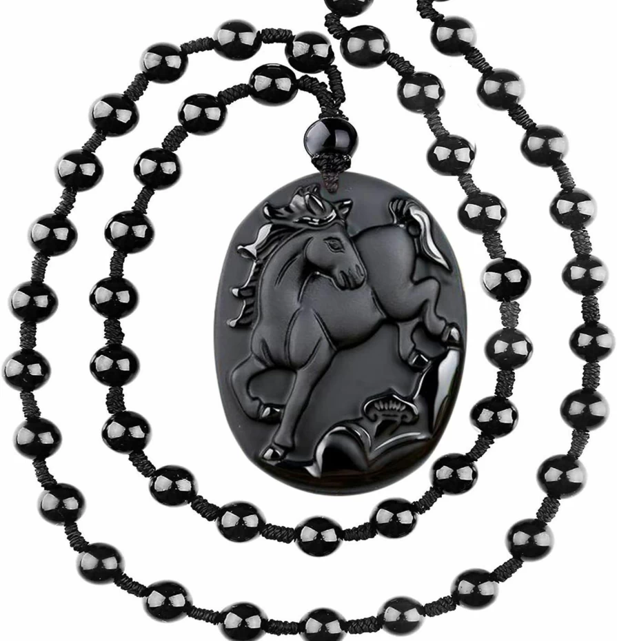 "Natural Obsidian Zodiac Pendant Necklace - 12 Chinese Horoscope Animal Sign Amulet Gemstone"