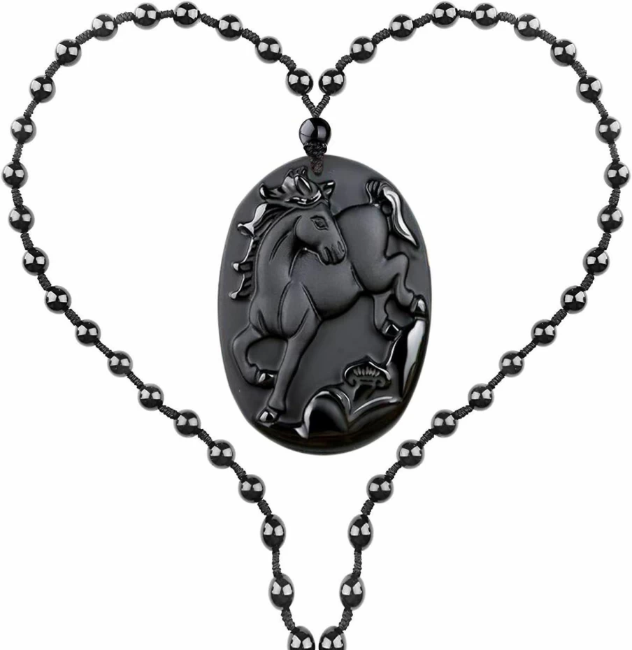 "Natural Obsidian Zodiac Pendant Necklace - 12 Chinese Horoscope Animal Sign Amulet Gemstone"