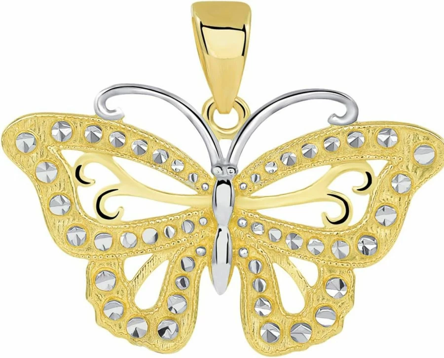 14K Solid Yellow Gold Butterfly Pendant - Jewelry America Budded Design