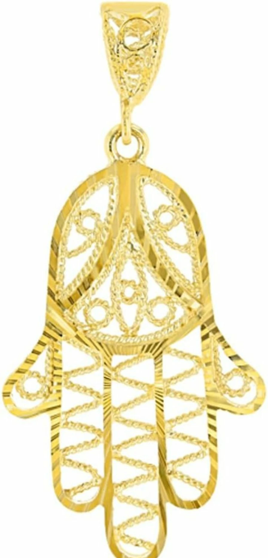14K Solid Yellow Gold Hamsa Hand Pendant - Filigree Design & Textured Finish | Jewelry America
