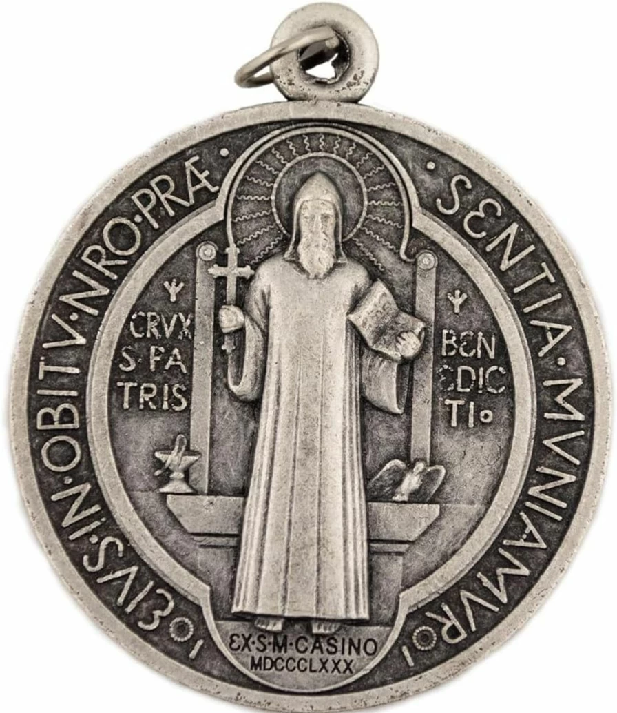 1.5" Antique Silver Saint Benedict Medal - Catholic Religious Jewelry for First Communion, Confirmation & Protection - Patron Saint of Europe & Students - VILLAGE GIFT IMPORTERS