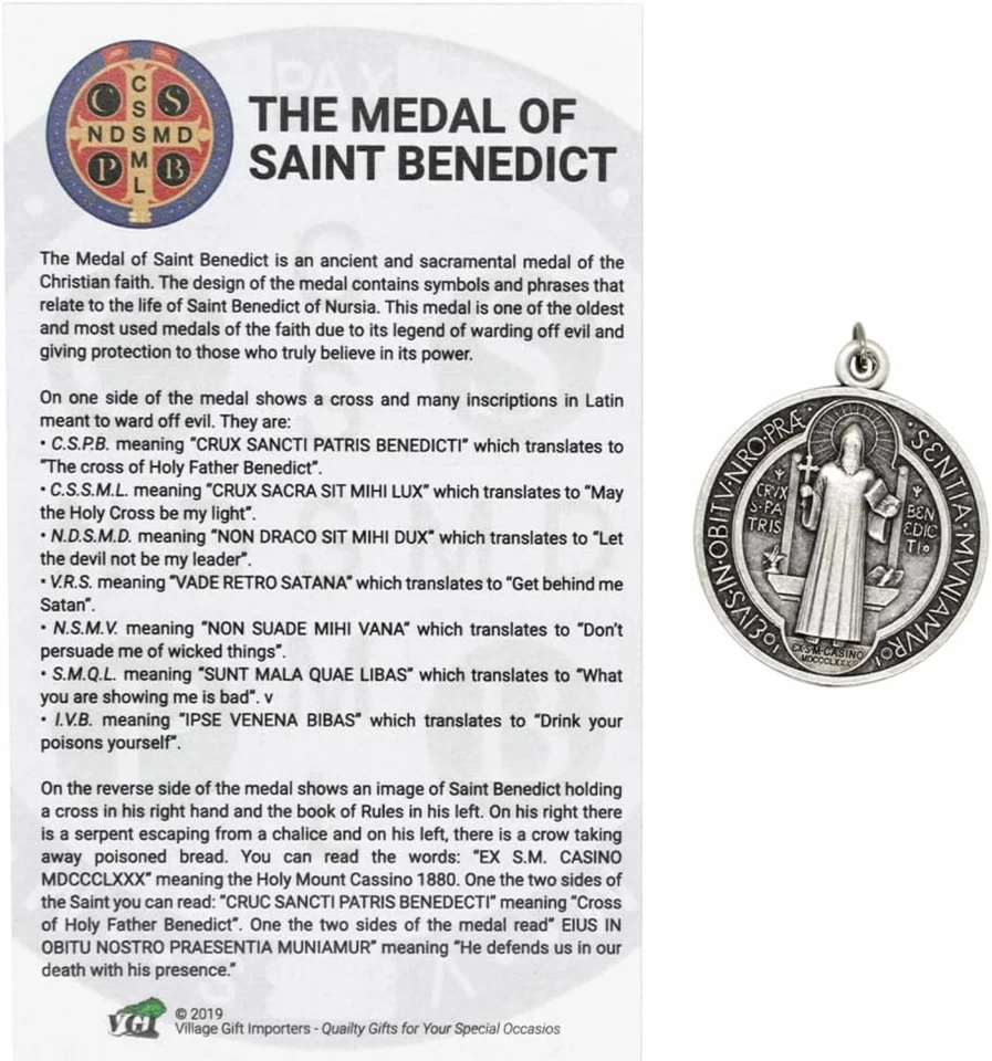 1.5" Antique Silver Saint Benedict Medal - Catholic Religious Jewelry for First Communion, Confirmation & Protection - Patron Saint of Europe & Students - VILLAGE GIFT IMPORTERS