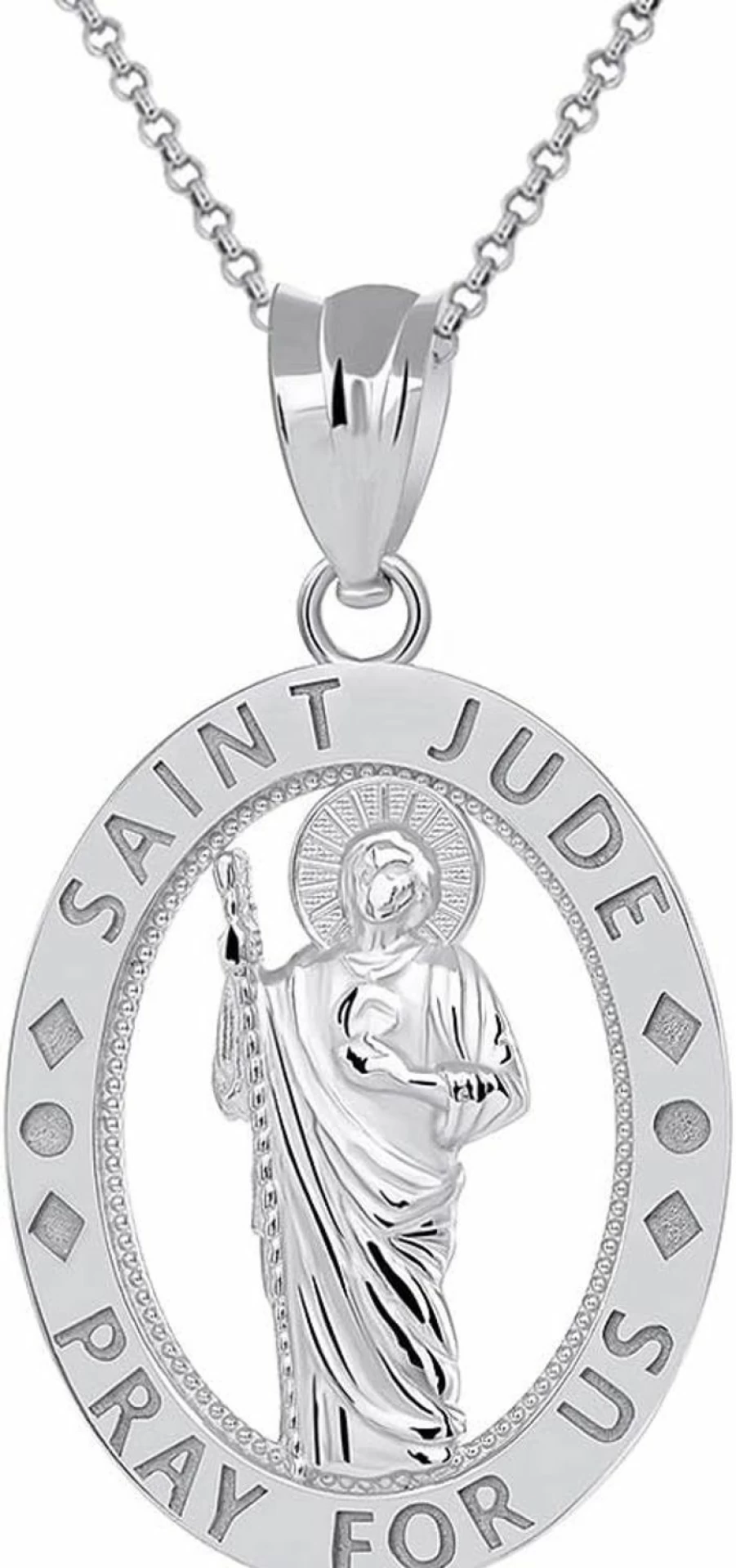 CaliRoseJewelry Sterling Silver Saint Jude Pray For Us Oval Pendant Necklace Catholic Religious Charm Jewelry Gift