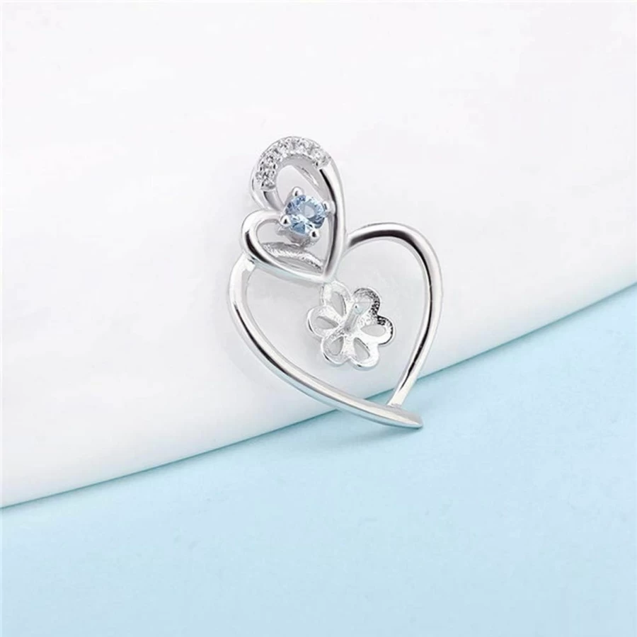 LGSY Sterling Silver Double Heart Blue CZ Pendant for Pearl Jewelry Making, Fashion Jewelry Design Bail Fitting