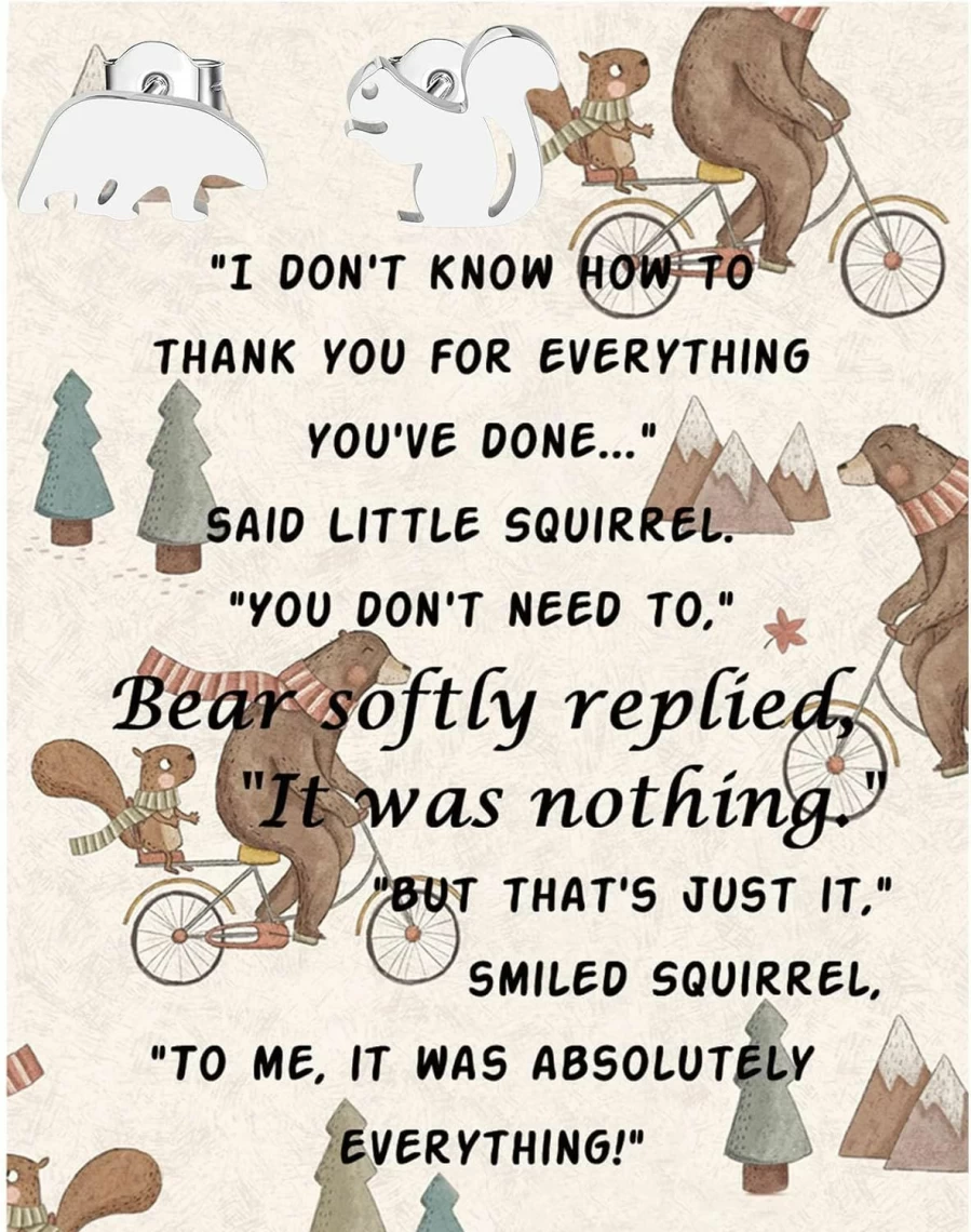 TIIMG Thank You Card with Squirrel and Bear Stud Earrings - Best Friend Gift for Her, Bestie Appreciation Present, Unique Animal Jewelry Pair