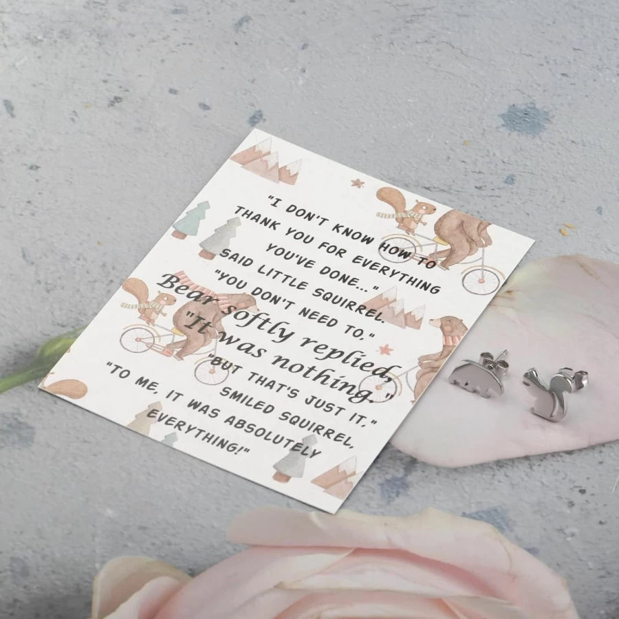 TIIMG Thank You Card with Squirrel and Bear Stud Earrings - Best Friend Gift for Her, Bestie Appreciation Present, Unique Animal Jewelry Pair