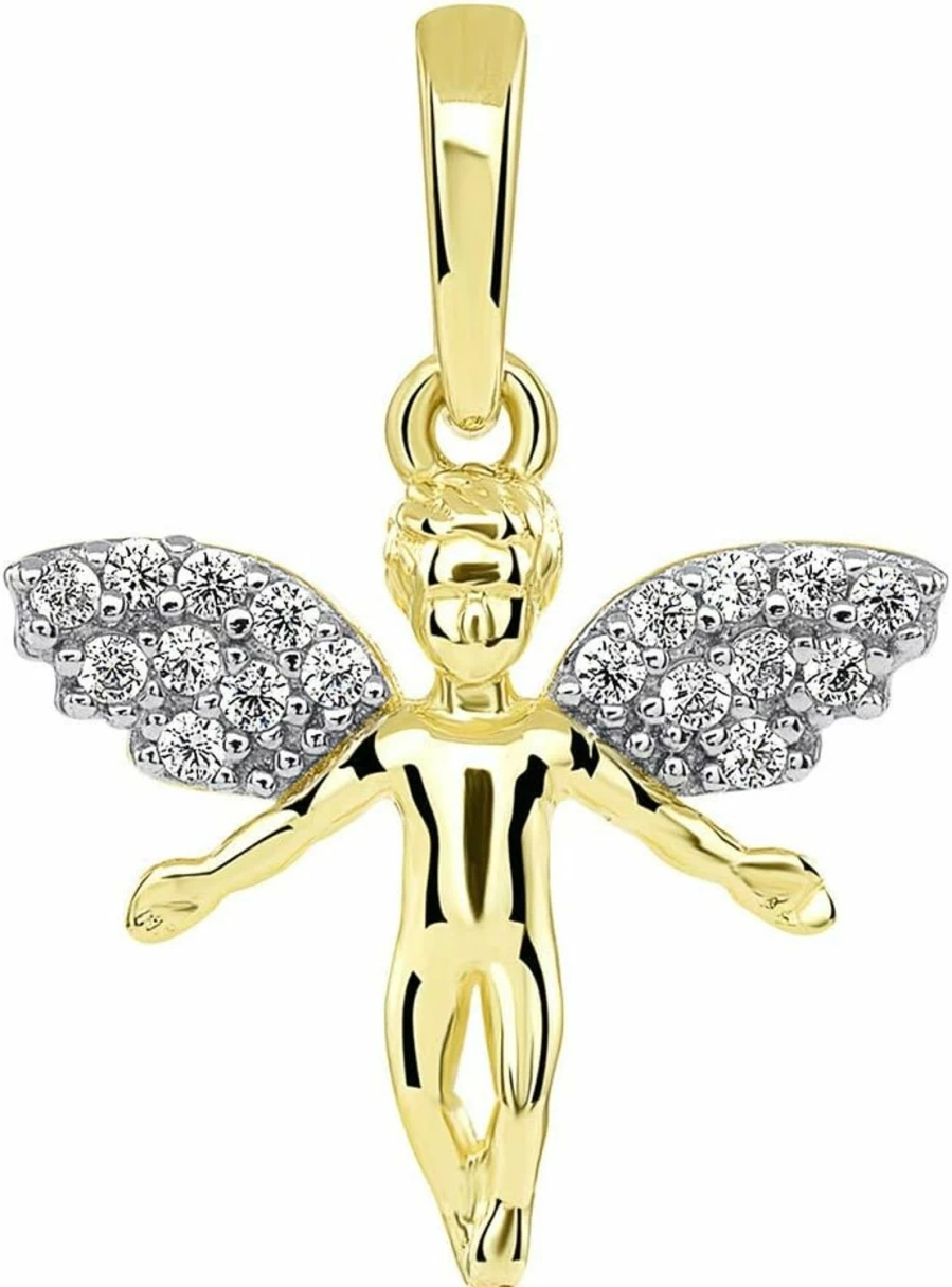 14K Yellow Gold Guardian Angel Pendant with CZ Wings - Jewelry America Small Religious Charm