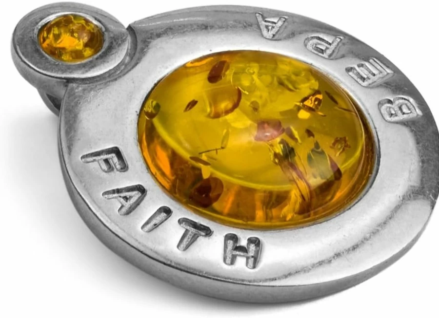 "Ian & Valeri Co. Sterling Silver Round Pendant Necklace - Faith Hope Style Amber Gemstone Jewelry"