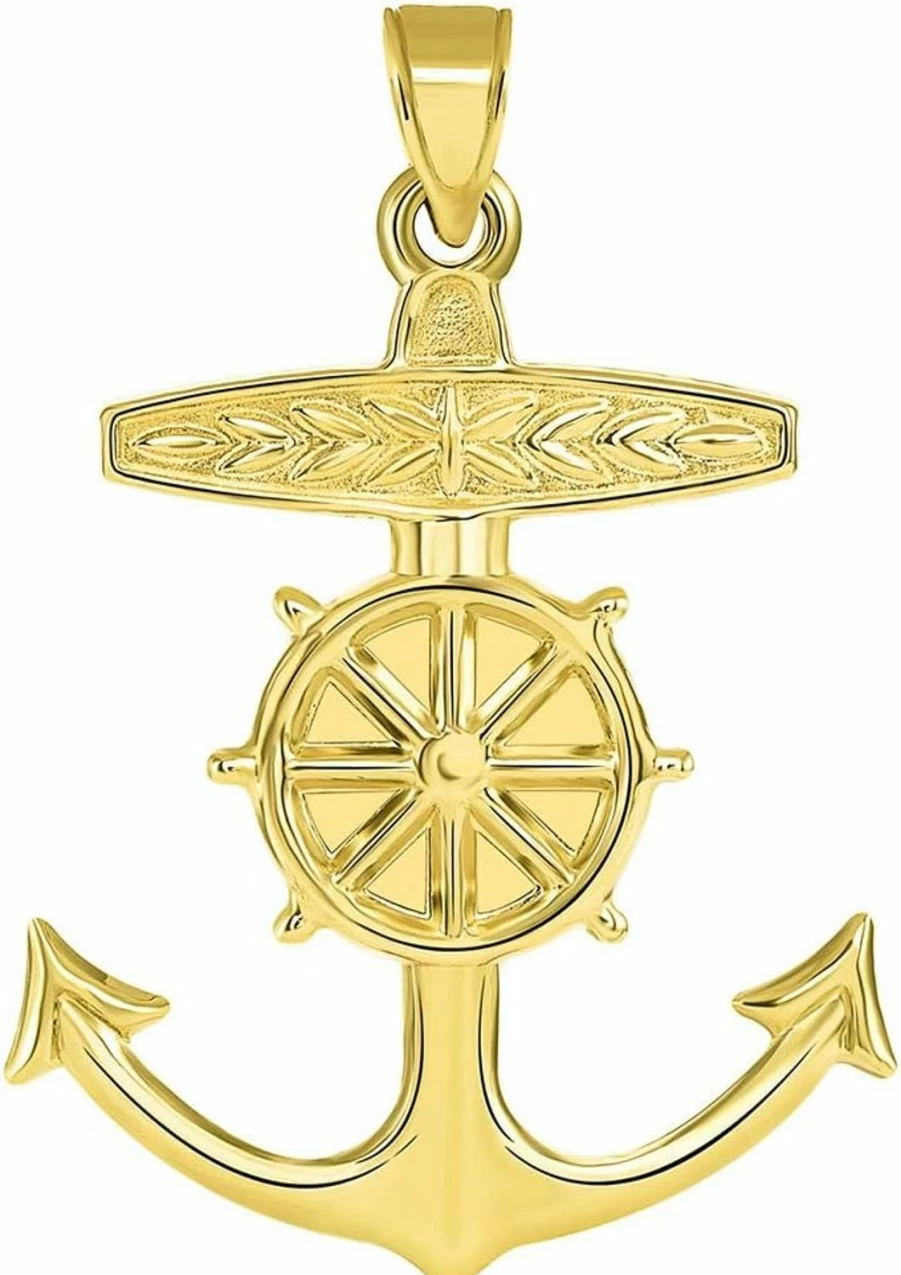 "Jewelry America 14K Yellow Gold Nautical Anchor & Wheel Pendant - 3D Ship Design"