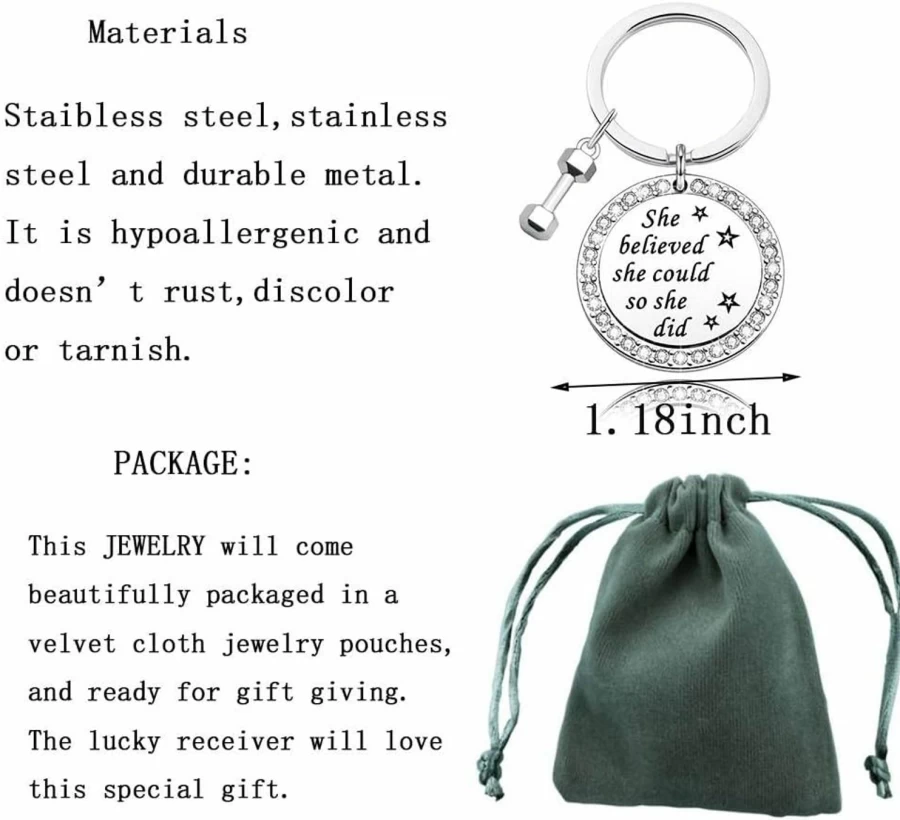 "DINLUNED Motivational Dumbbell Keychain - 'She Believed She Could So She Did' Inspirational Fitness Gift for Women, Gym Enthusiasts & Weightlifting Lovers"