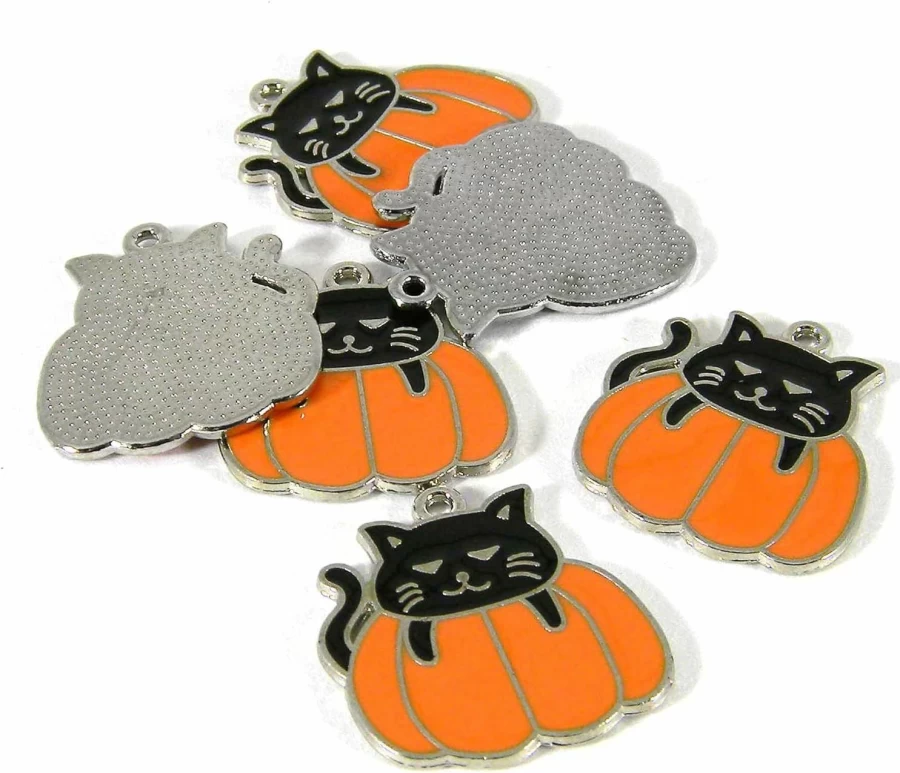 Halloween Black Cat & Pumpkin Silver Enamel Charm Pendant with Loop Ring - Bedazzlinbeads Dangle Jewelry