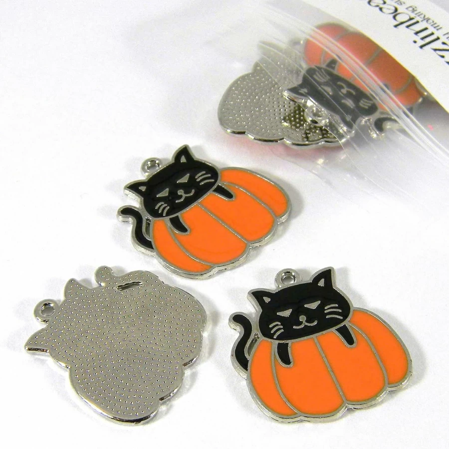 Halloween Black Cat & Pumpkin Silver Enamel Charm Pendant with Loop Ring - Bedazzlinbeads Dangle Jewelry