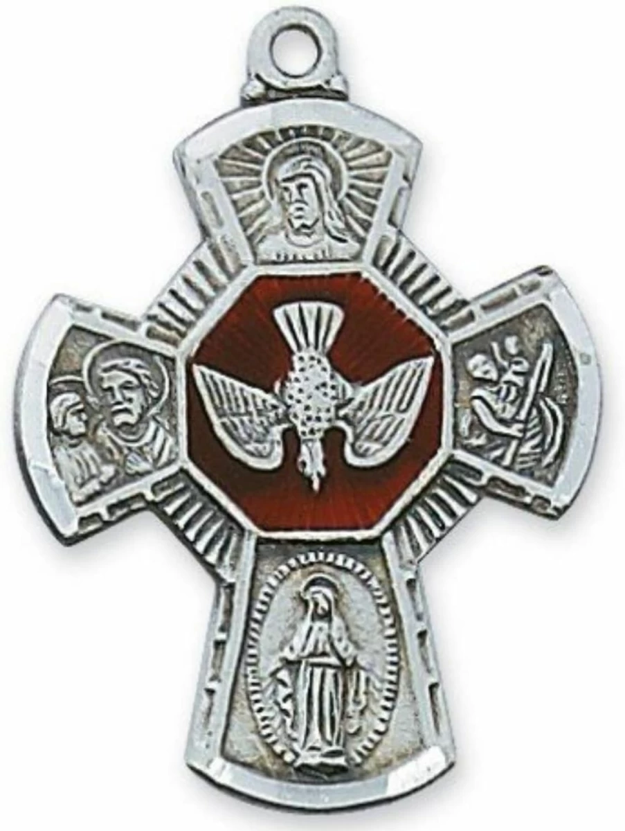 1 1/4-Inch McVan Sterling Silver Maltese Cross Pendant with Red Enamel Dove Center - 4-Way Scapular Medal