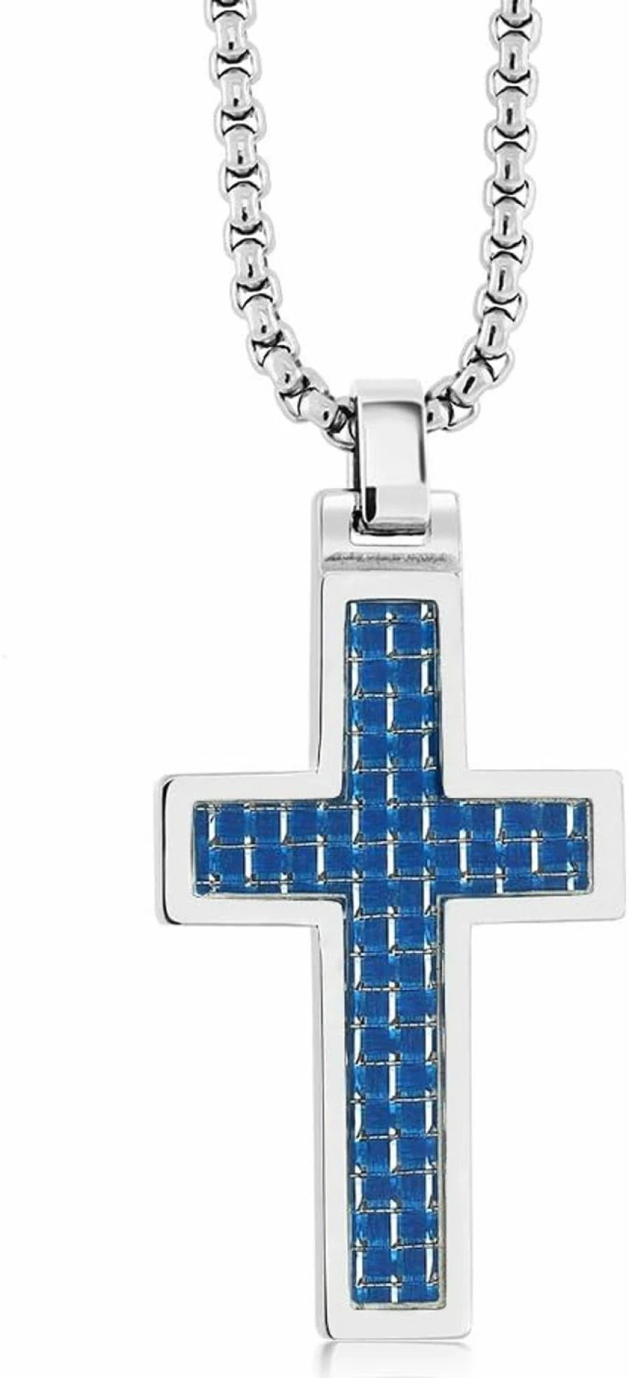 "Tungsten Carbide Cross Pendant Necklace for Men - Blue Carbon Fiber Design on Box Chain by TUNGSTEN MENS JEWELRY"
