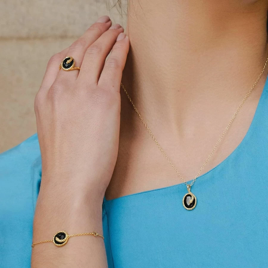 Gemondo 925 Sterling Silver Gold Plated Oval Onyx Snake Pendant - Elegant Winding Serpent Jewelry