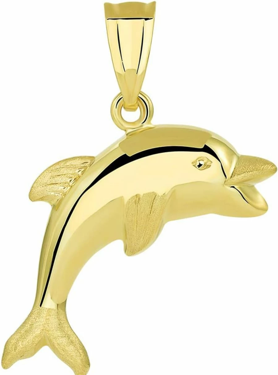 14K Yellow Gold 3D Dolphin Pendant - Smiling & Jumping Design - Jewelry America