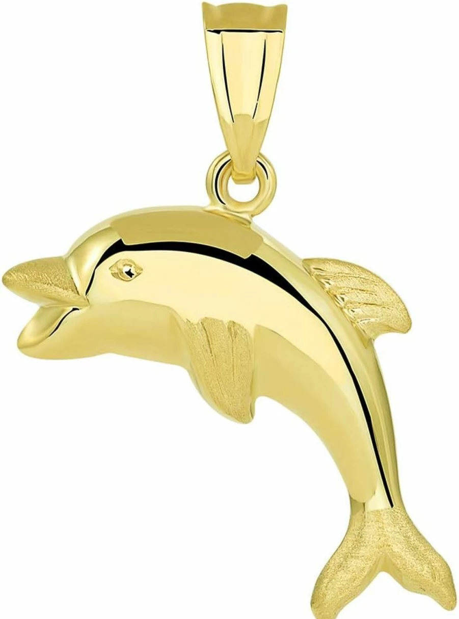 14K Yellow Gold 3D Dolphin Pendant - Smiling & Jumping Design - Jewelry America