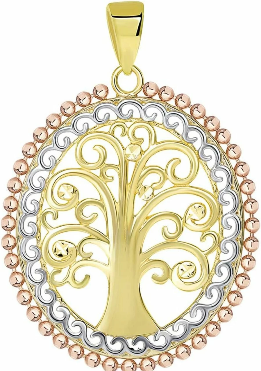 14K Yellow Gold and Rose Gold Tree of Life Charm Pendant - Jewelry America Oval Budded Design
