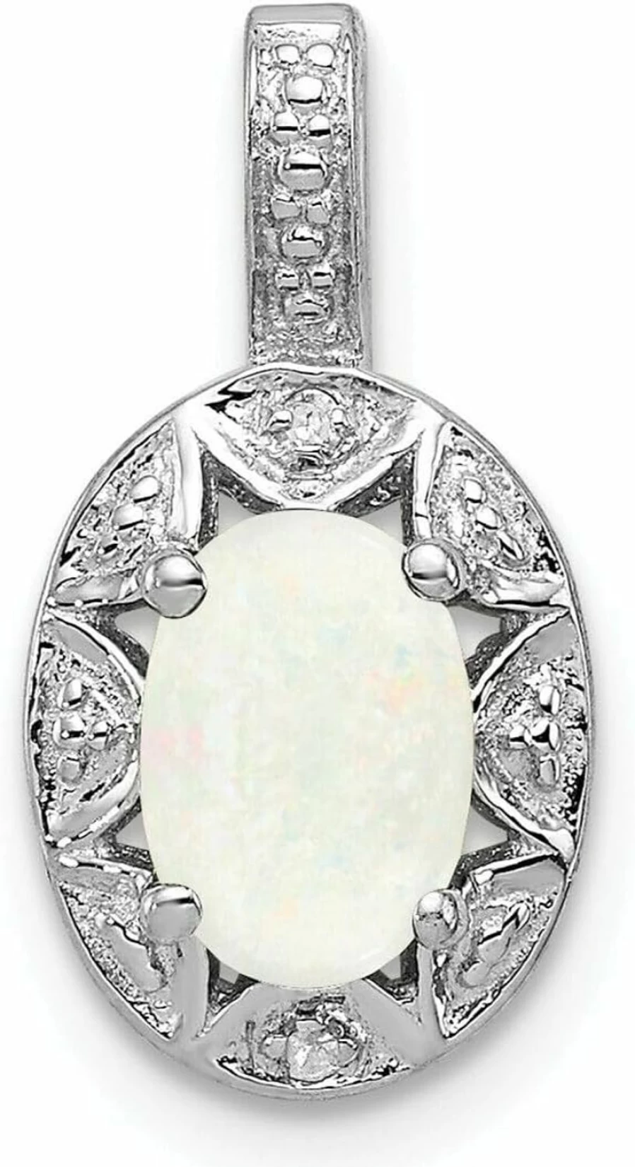 "October Birthstone Oval Pendant - Sterling Silver Rhodium Plated with Diamond & Created Opal, Elegant Jewelry Gift"