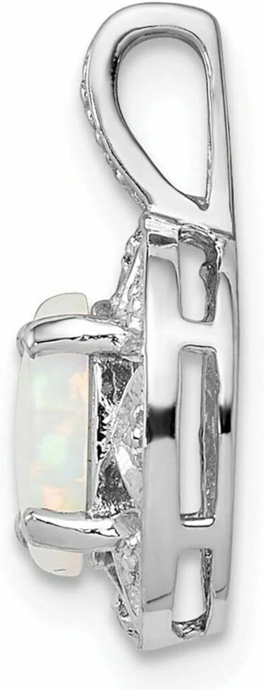 "October Birthstone Oval Pendant - Sterling Silver Rhodium Plated with Diamond & Created Opal, Elegant Jewelry Gift"