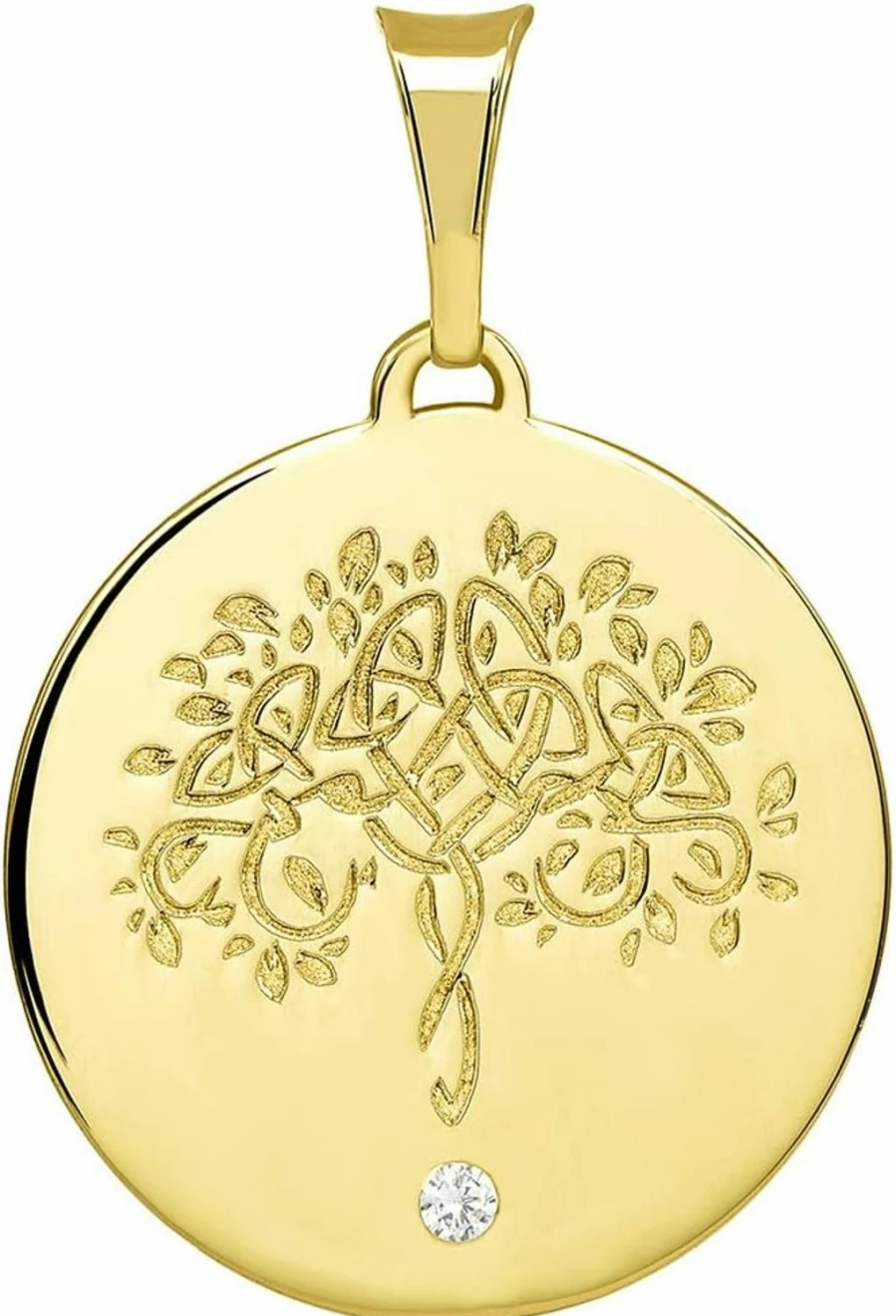 14K Solid Yellow Gold Tree of Life Pendant with CZ Round Medallion - Hand Engraved Jewelry by Jewelry America