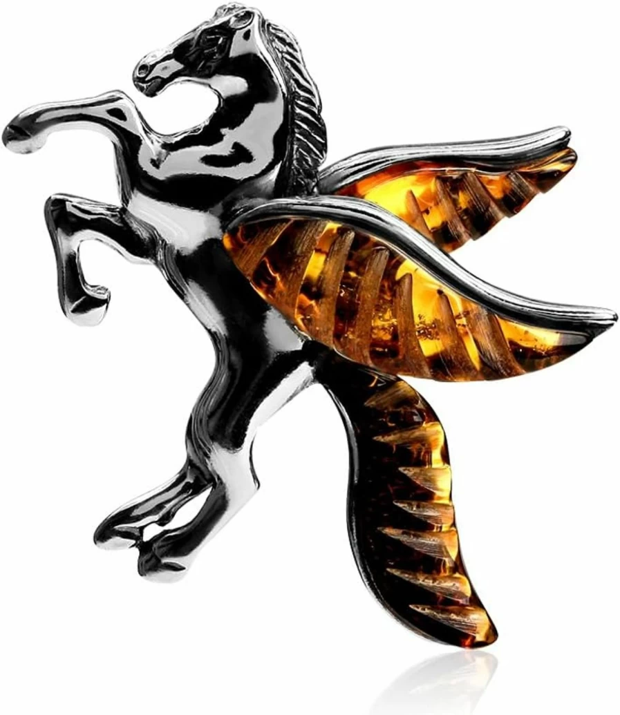 Ian & Valeri Co. Sterling Silver Pegasus Horse Pendant - Handcrafted Amber Gemstone Jewelry
