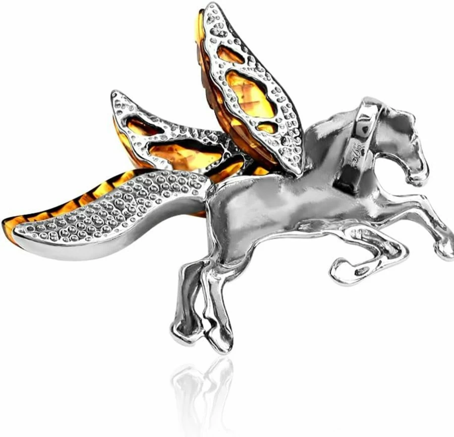 Ian & Valeri Co. Sterling Silver Pegasus Horse Pendant - Handcrafted Amber Gemstone Jewelry