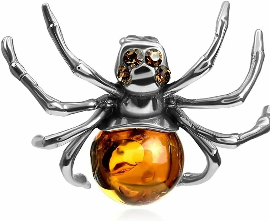 Ian & Valeri Co. Sterling Silver Spider Pendant with Amber Gemstone - Handcrafted Jewelry