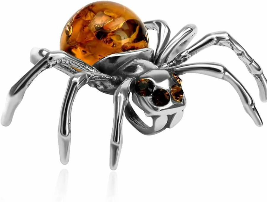 Ian & Valeri Co. Sterling Silver Spider Pendant with Amber Gemstone - Handcrafted Jewelry