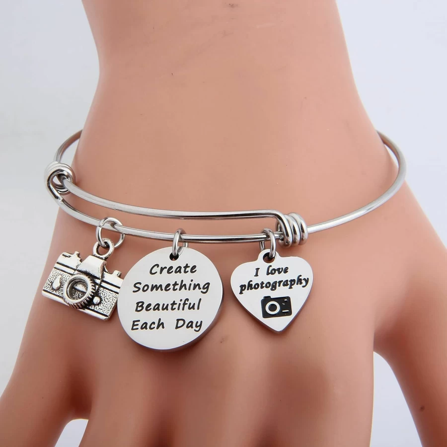 Gzrlyf Camera Charm Bracelet - Unique Photographer Gift for Women, Inspirational "Create Something Beautiful" Jewelry for Creative Souls