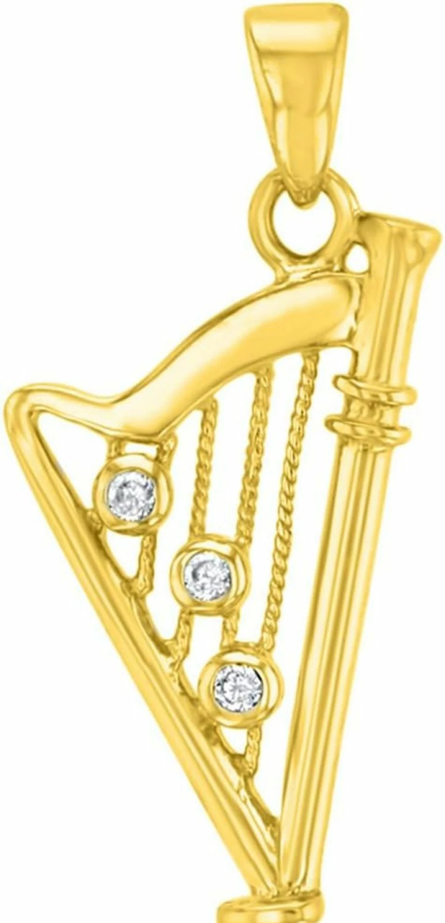 14K Solid Yellow Gold Harp Charm Pendant with CZ - Jewelry America Musical Instrument Jewelry