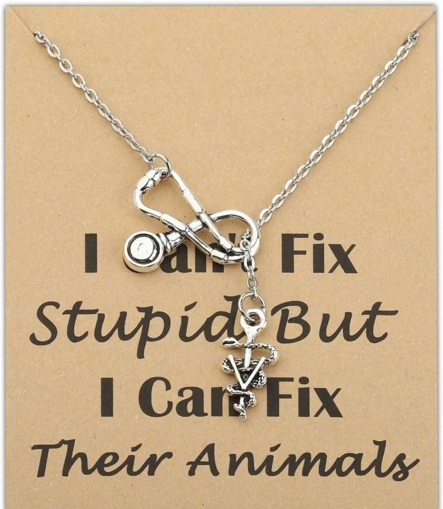 HOLLP Veterinarian Vet Tech Necklace - "I Can't Fix Stupid But I Can Fix Their Animals" Gift for Veterinary Assistants with Greeting Card