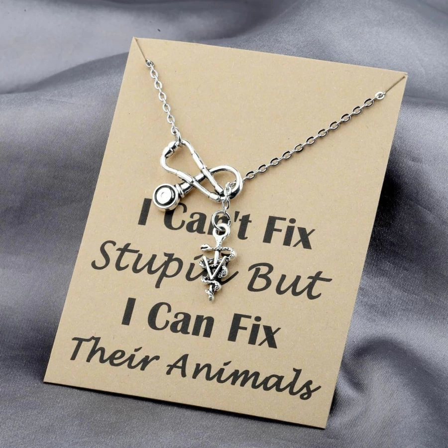 HOLLP Veterinarian Vet Tech Necklace - "I Can't Fix Stupid But I Can Fix Their Animals" Gift for Veterinary Assistants with Greeting Card